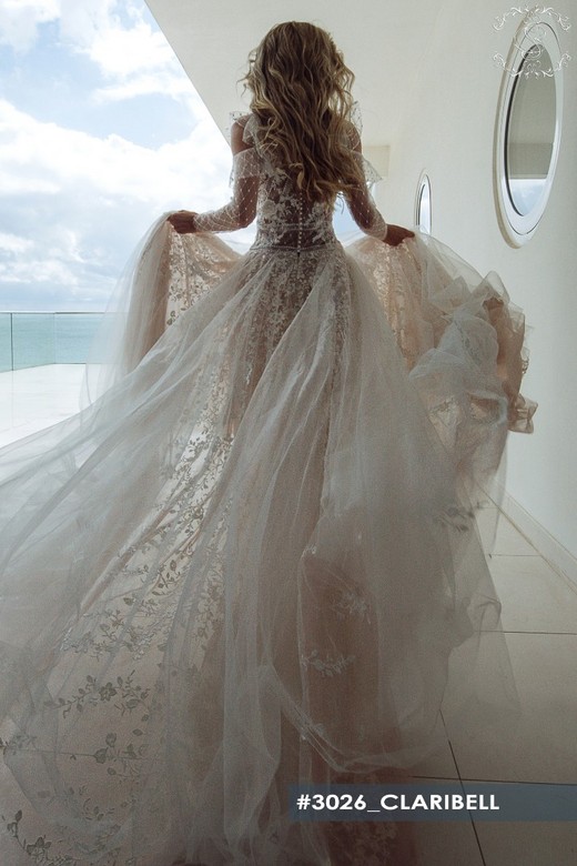 Свадебное платье Кларибел А-силуэт, Закрытые, Кружевные, С рукавами, Со шлейфом